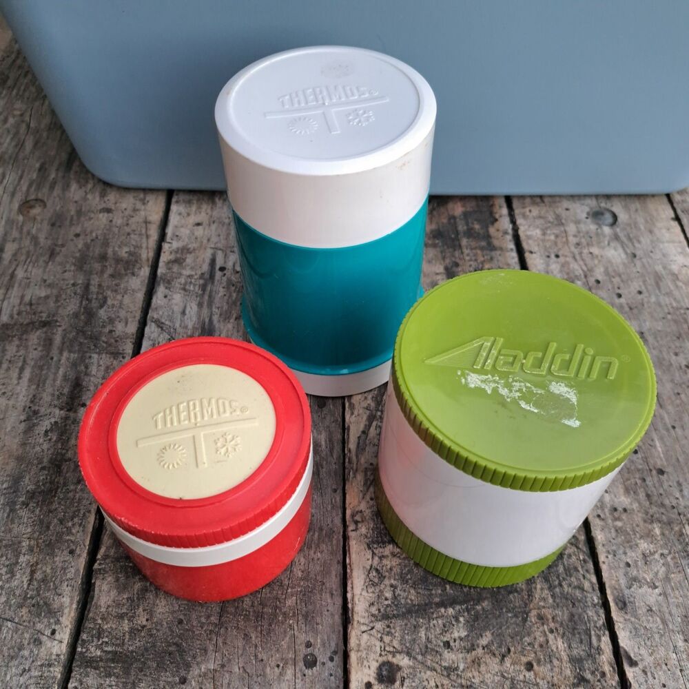 Set Of 3 Vintage Aladdin Thermos Insulated Green Red  Blue Small Short Medium